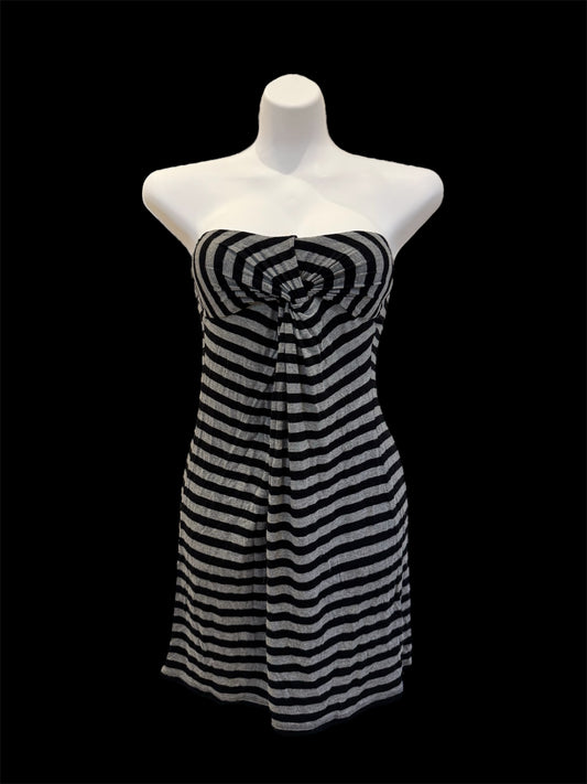 Black and grey striped strapless mini dress